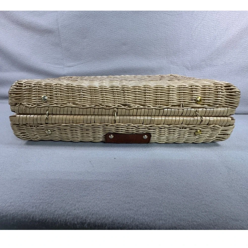 Vintage 1950s 60s Wicker Leather Briefcase British Hong Kong Chain Accent MCM